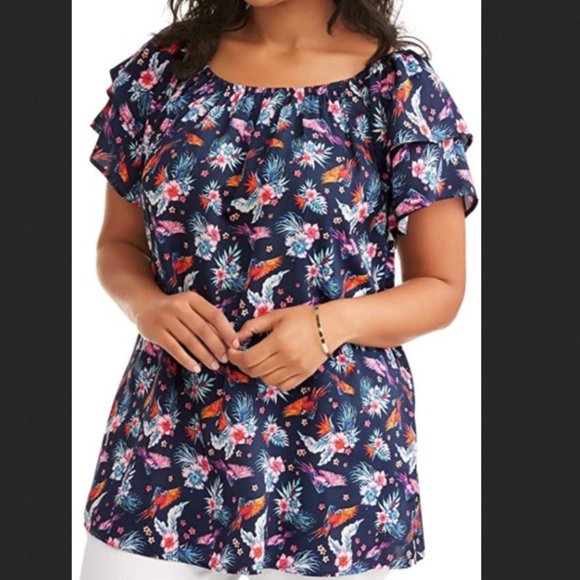 Terra & Sky navy floral print flutter sleeve peasant top,Plus size 2X(20W-22W) - Picture 1 of 7